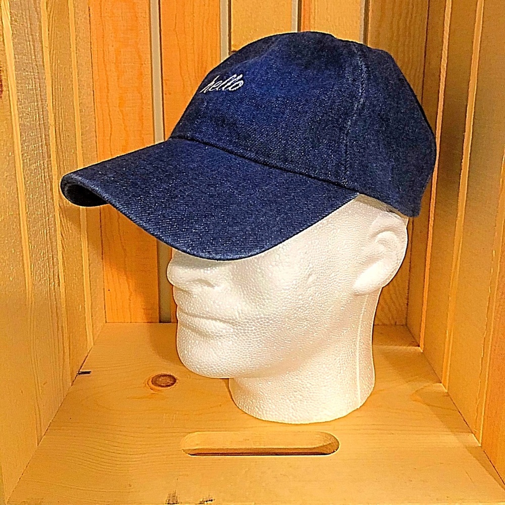 Denim Dad Hat. ‘Hello’ inscription.